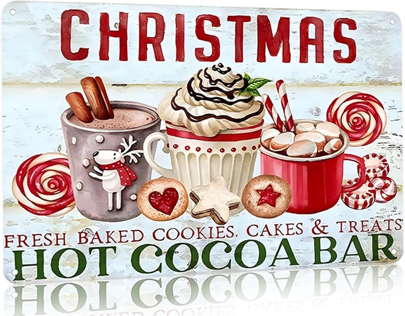 Joyline Vintage Christmas Decor Gifts Rustic Hot Cocoa Bar Fresh Baked Cookies Cakes&Treats Tin Sign for Home Farmhouse Kicthen Cafe Bar Wall Decor 8 x 12 inches (3238) - Image 1